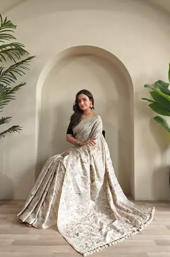 Beige Pure loom tussar saree with all over designer embroidery