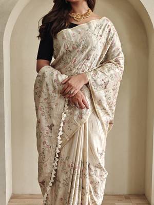 Beige loom tussar saree with all over designer embroidery 4