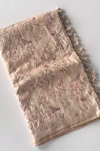 Beige loom tussar saree with all over designer embroidery