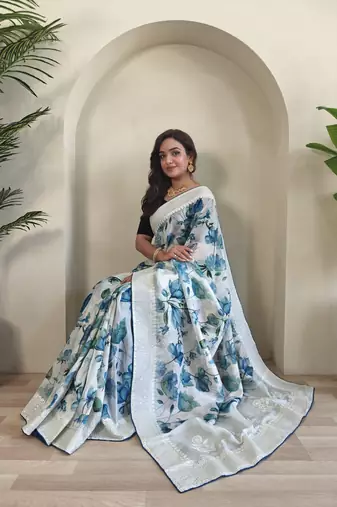 sky organza saree with digital print and sequins embroidery