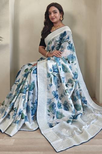 sky organza saree with digital print and sequins embroidery