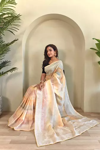 Yellow Organza Saree With Digital Print And Sequins Embroidery