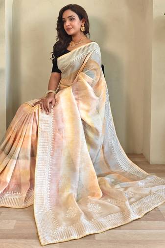 Yellow Organza Saree With Digital Print And Sequins Embroidery
