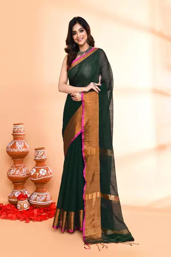 cotton blend dark green handloom saree with blouse piece