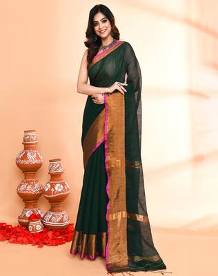 cotton blend dark green handloom saree with blouse piece 1