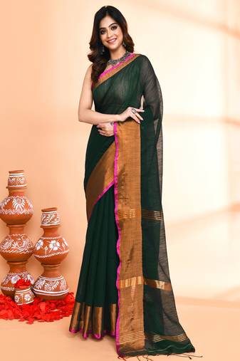 cotton blend dark green handloom saree with blouse piece