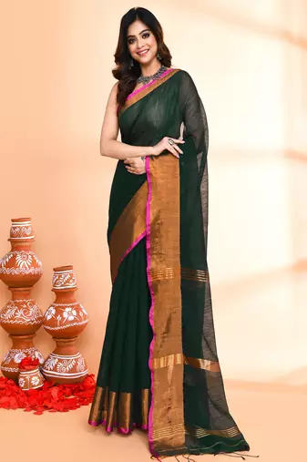 cotton blend dark green handloom saree with blouse piece