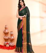 cotton blend dark green handloom saree with blouse piece