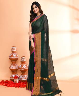 cotton blend dark green handloom saree with blouse piece 2