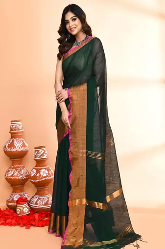 cotton blend dark green handloom saree with blouse piece