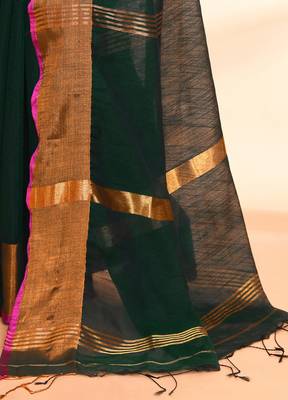 cotton blend dark green handloom saree with blouse piece 3