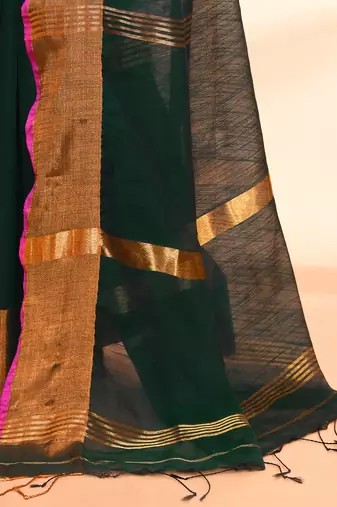 cotton blend dark green handloom saree with blouse piece