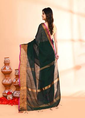 cotton blend dark green handloom saree with blouse piece 4