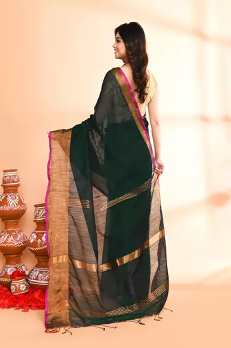 cotton blend dark green handloom saree with blouse piece