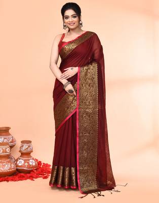 cotton blend maroon handloom saree with blouse piece 1