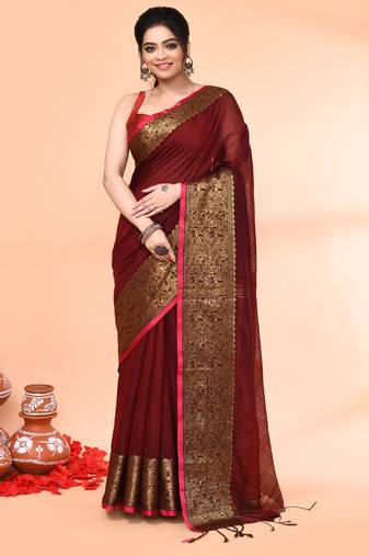 cotton blend maroon handloom saree with blouse piece
