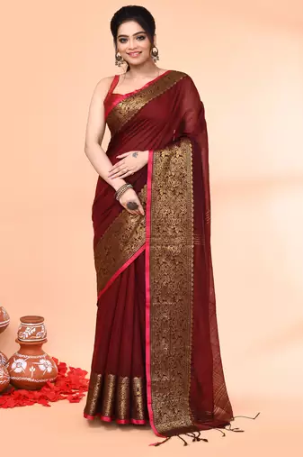 cotton blend maroon handloom saree with blouse piece