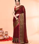 cotton blend maroon handloom saree with blouse piece