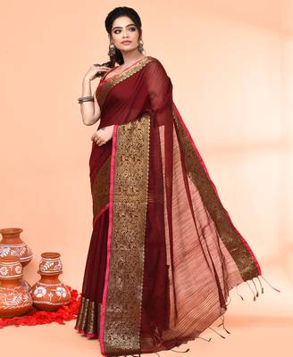 cotton blend maroon handloom saree with blouse piece 2