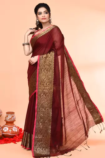 cotton blend maroon handloom saree with blouse piece