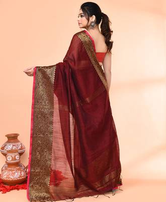 cotton blend maroon handloom saree with blouse piece 3