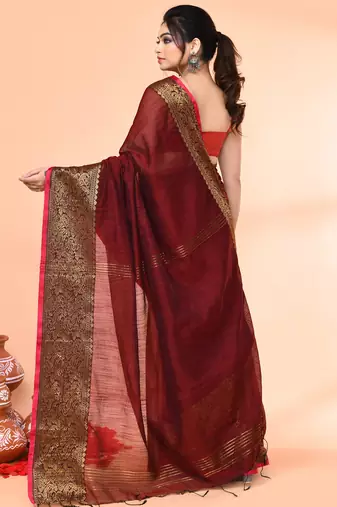 cotton blend maroon handloom saree with blouse piece