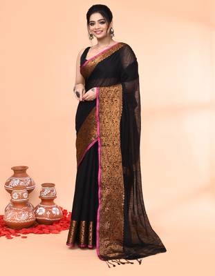 cotton blend black handloom saree with blouse piece 4
