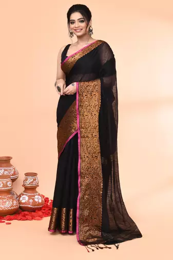 cotton blend black handloom saree with blouse piece