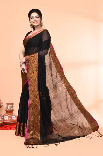 cotton blend black handloom saree with blouse piece