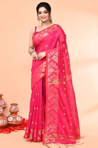 cotton blend rani handloom saree with blouse piece