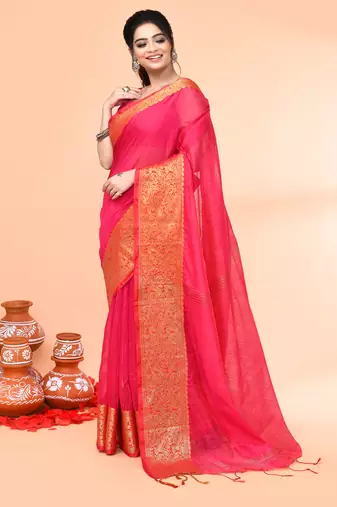 cotton blend rani handloom saree with blouse piece