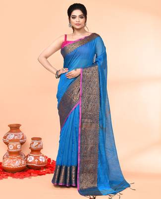 cotton blend sky blue handloom saree with blouse piece 1