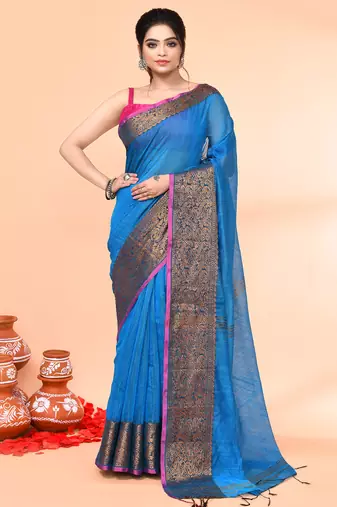 cotton blend sky blue handloom saree with blouse piece