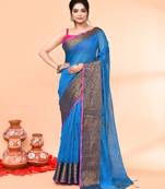 cotton blend sky blue handloom saree with blouse piece