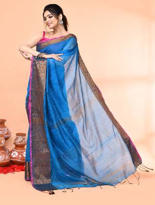 cotton blend sky blue handloom saree with blouse piece 2