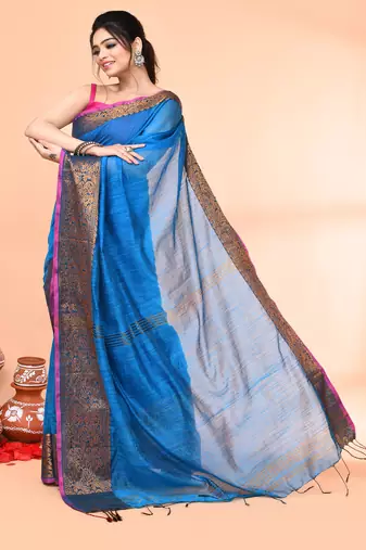 cotton blend sky blue handloom saree with blouse piece