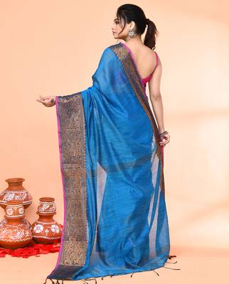 cotton blend sky blue handloom saree with blouse piece 3