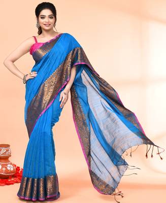 cotton blend sky blue handloom saree with blouse piece 4