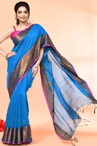 cotton blend sky blue handloom saree with blouse piece