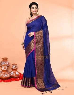 cotton blend royel blue handloom saree with blouse piece 1