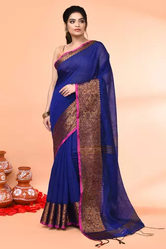 cotton blend royel blue handloom saree with blouse piece