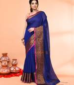 cotton blend royel blue handloom saree with blouse piece