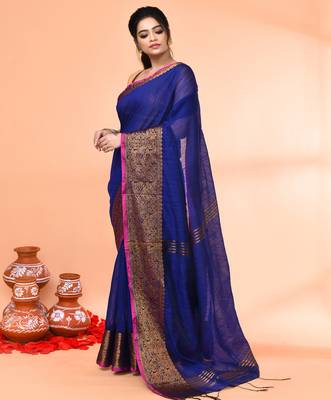 cotton blend royel blue handloom saree with blouse piece 2