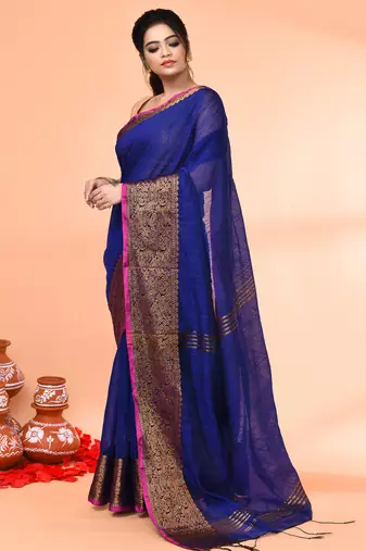 cotton blend royel blue handloom saree with blouse piece