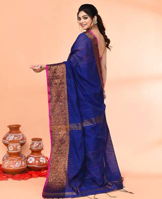 cotton blend royel blue handloom saree with blouse piece 3