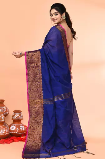 cotton blend royel blue handloom saree with blouse piece