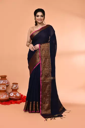 cotton blend navy blue handloom saree with blouse piece