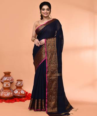 cotton blend navy blue handloom saree with blouse piece 1
