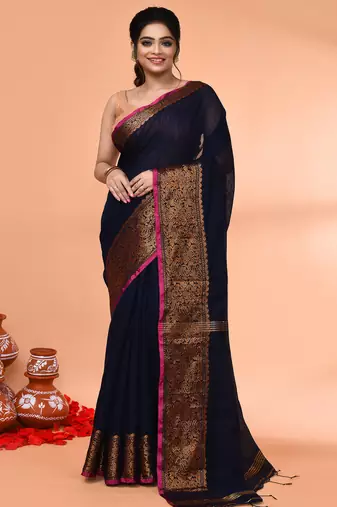 cotton blend navy blue handloom saree with blouse piece