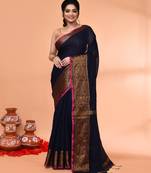 cotton blend navy blue handloom saree with blouse piece